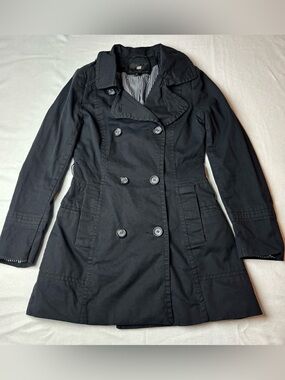 HM Womens Black Double Breasted Trench Coat Pinstripe Lining Size 8 Jacket